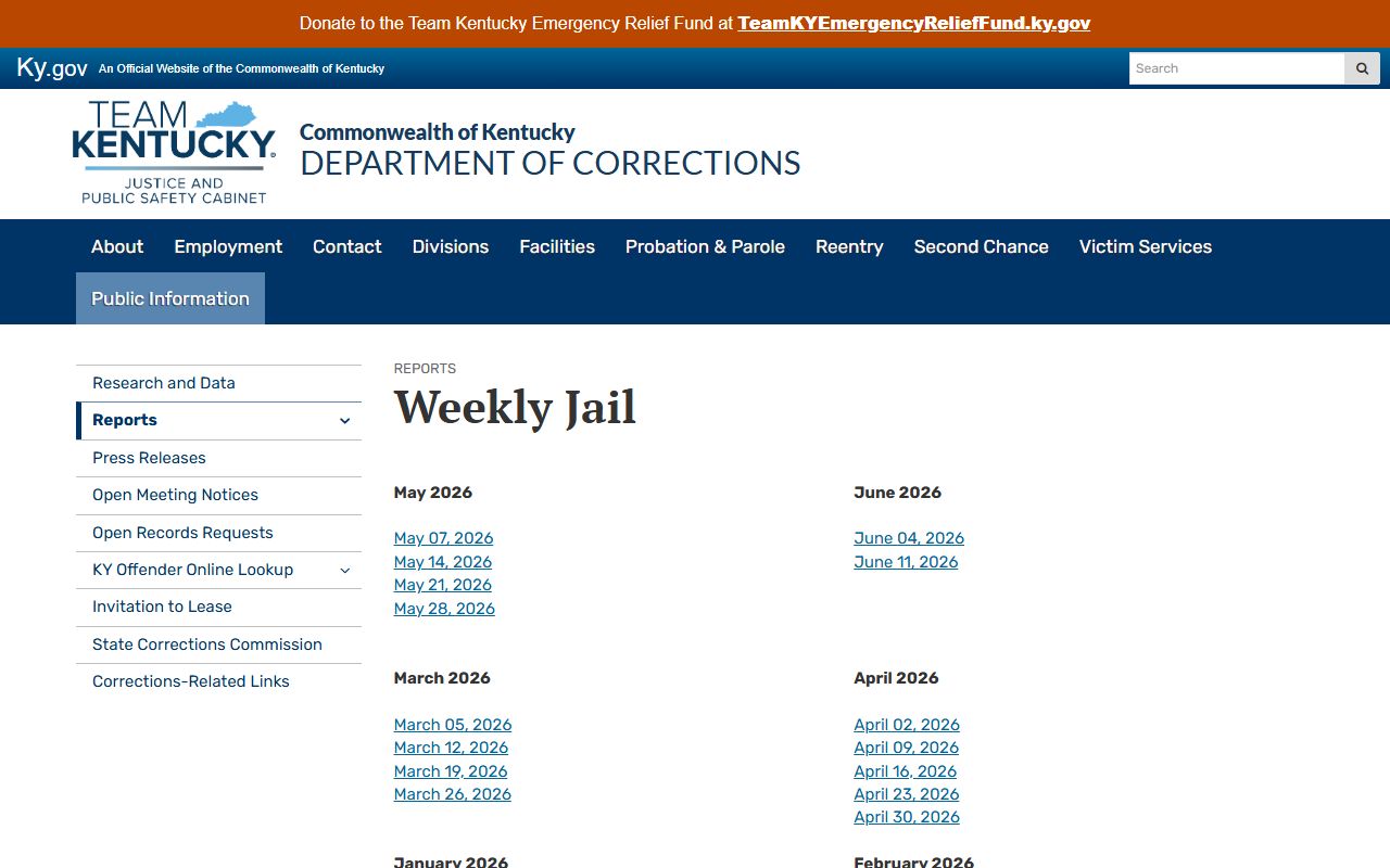 Kentucky DOC weekly jail report for Bracken County inmate population context